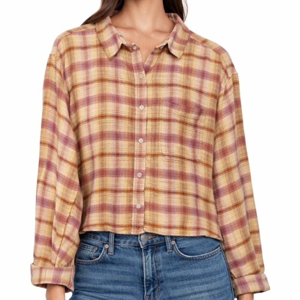 American Eagle Womens Yellow Pink Plaid‎ Distressed Cropped Flannel Shirt Large